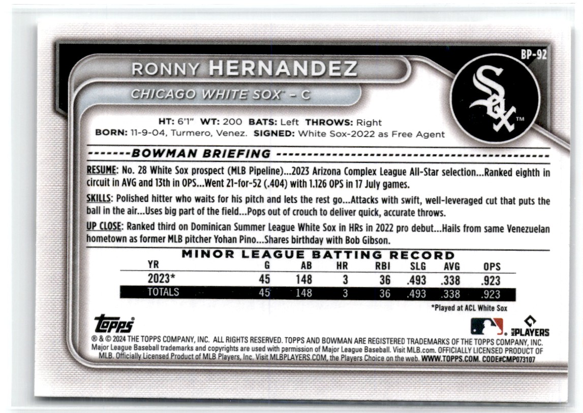 2024 Bowman Prospects Ronny Hernandez #BP-92 card back image