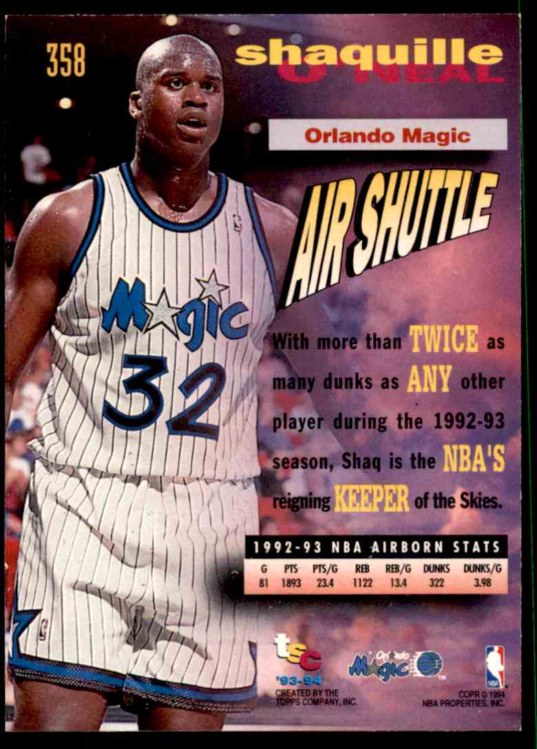 1993-94 Topps Stadium Club Frequent Flyer Shaquille O'neal Magic