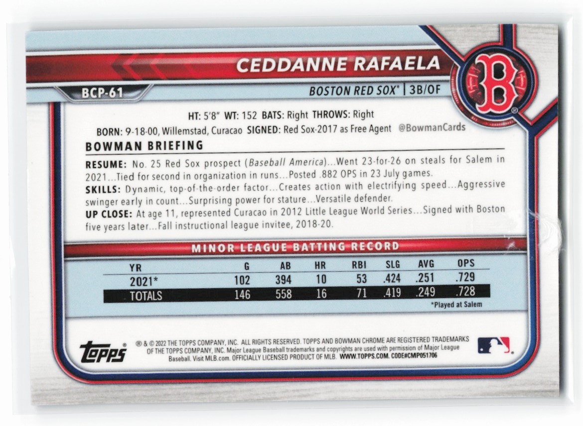 2022 Bowman Chrome 1st Prospects Purple Lava Ceddanne Rafaela card back image