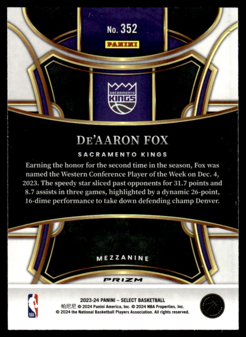 2023-24 Select Mezzanine Tectonic De'Aaron Fox Sacramento