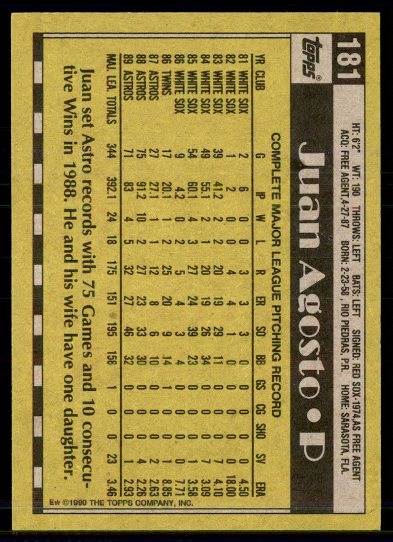 1990 Topps Juan Agosto #181 card back image