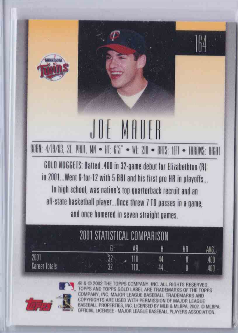 2002 Topps Gold Label Base Joe Mauer #164 card back image