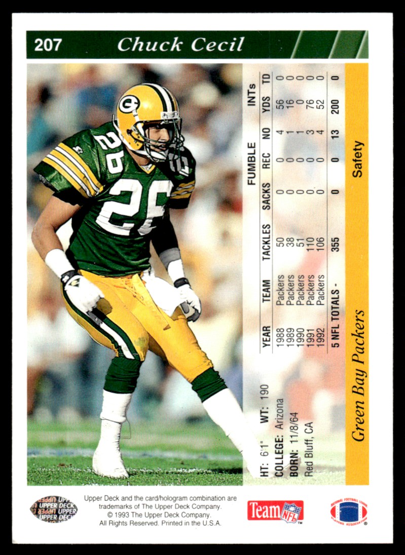 1993 Upper Deck Chuck Cecil #207 card back image