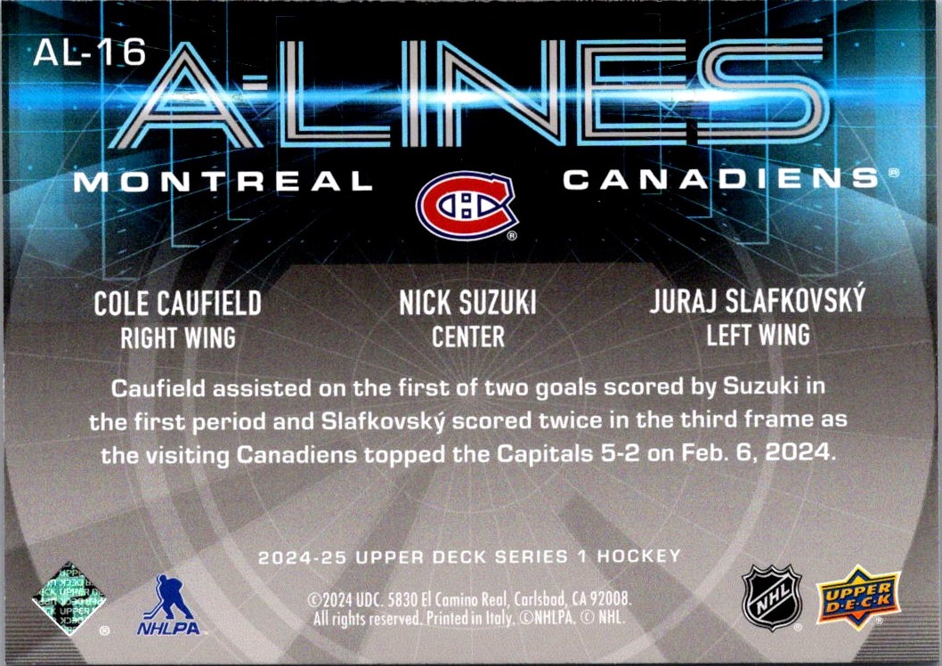 2024-25 Upper Deck A-Lines Cole Caufield / Nick Suzuki / Juraj Slafkovsky #AL-16 card back image