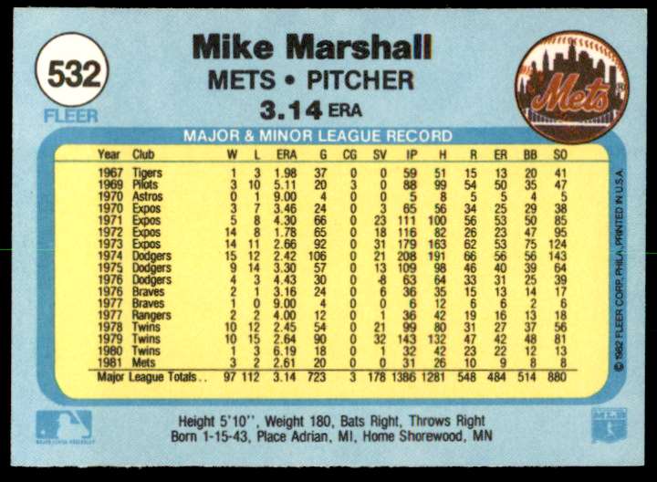1982 Fleer Mike Marshall #532 card back image