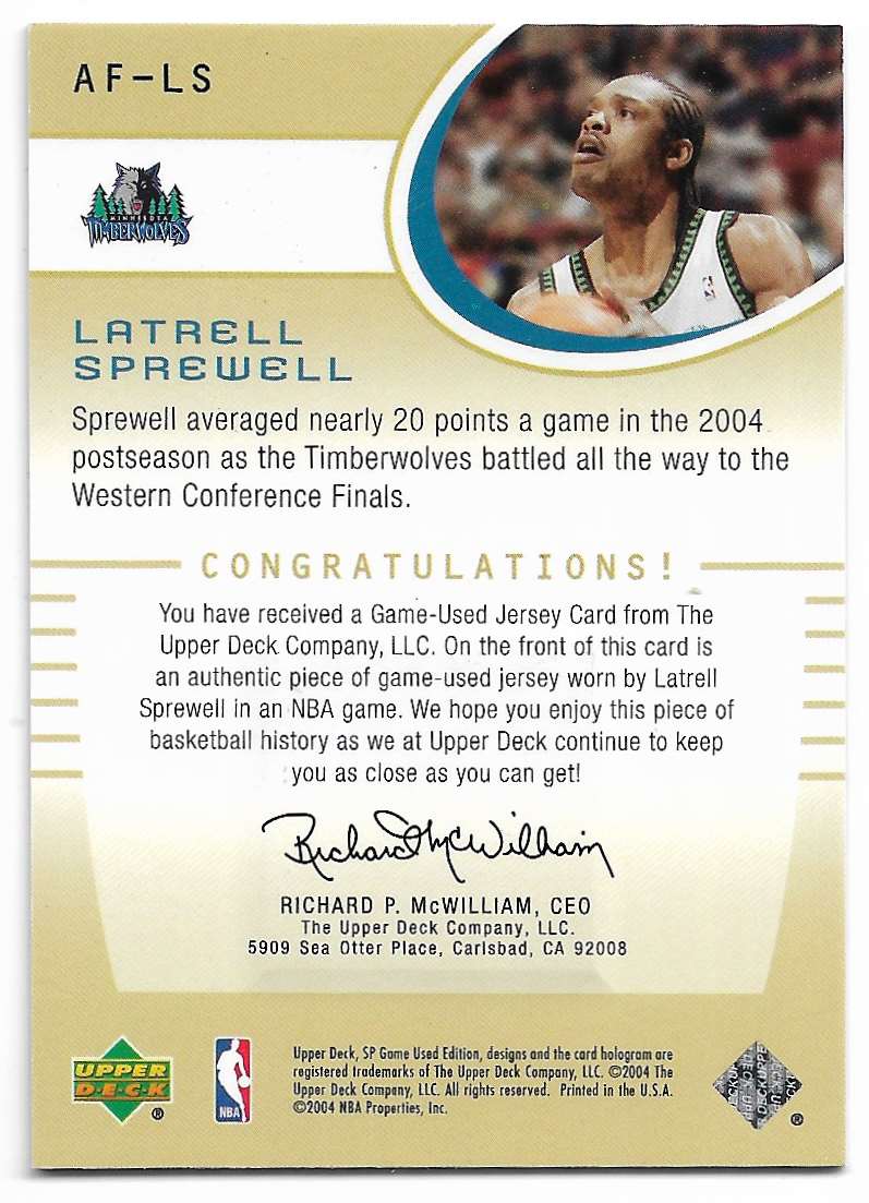 2004-05 SP Game Used Authentic Fabrics Latrell Sprewell #AF-LS card back image