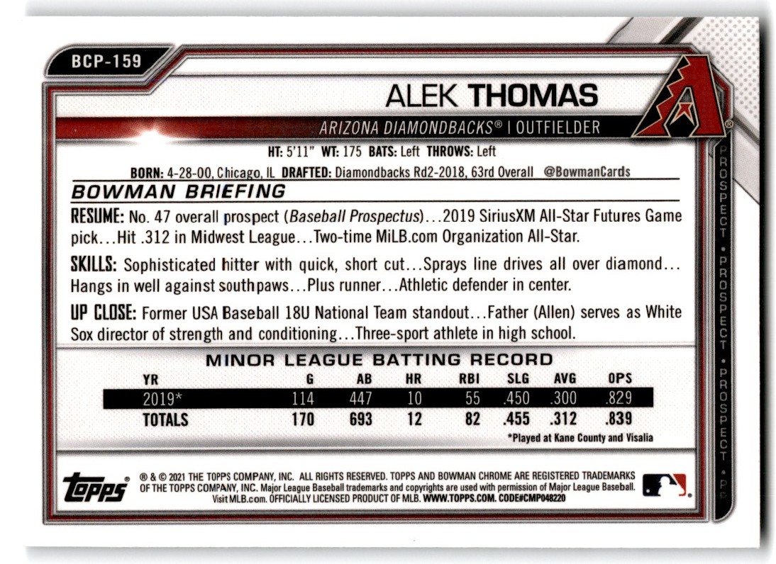 2021 Bowman Chrome Prospects Alek Thomas #BCP-159 card back image