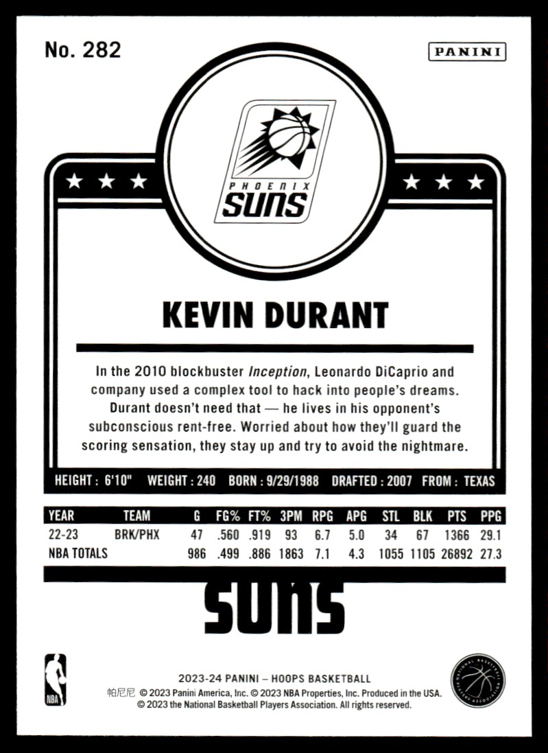 2023-24 Panini NBA Hoops Kevin Durant #282 on Kronozio