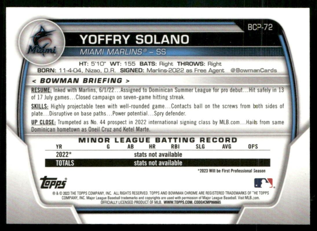 2023 Bowman Chrome Prospects Yoffry Solano #BCP-72 GS1-6 | eBay