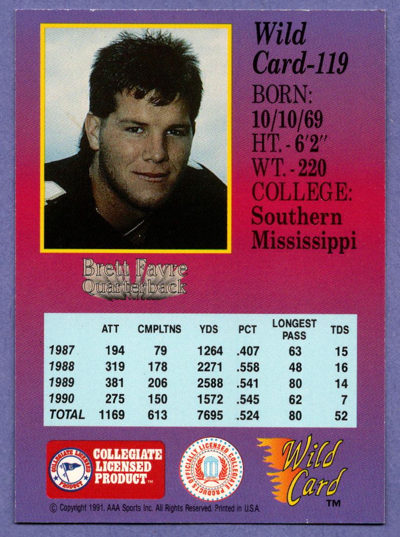 1991 Wild Card Draft Brett Favre #119 card back image