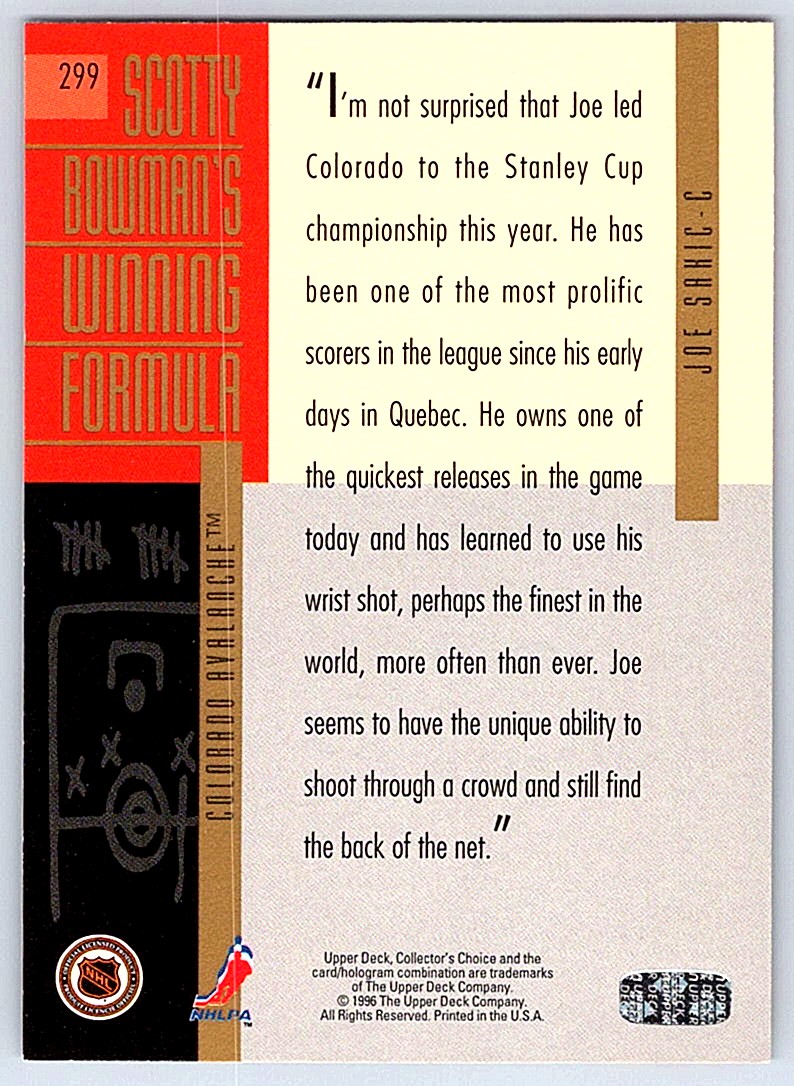 1996-97 UD Collector's Choice Scotty Bowman Winning Formula Joe Sakic #299 card back image