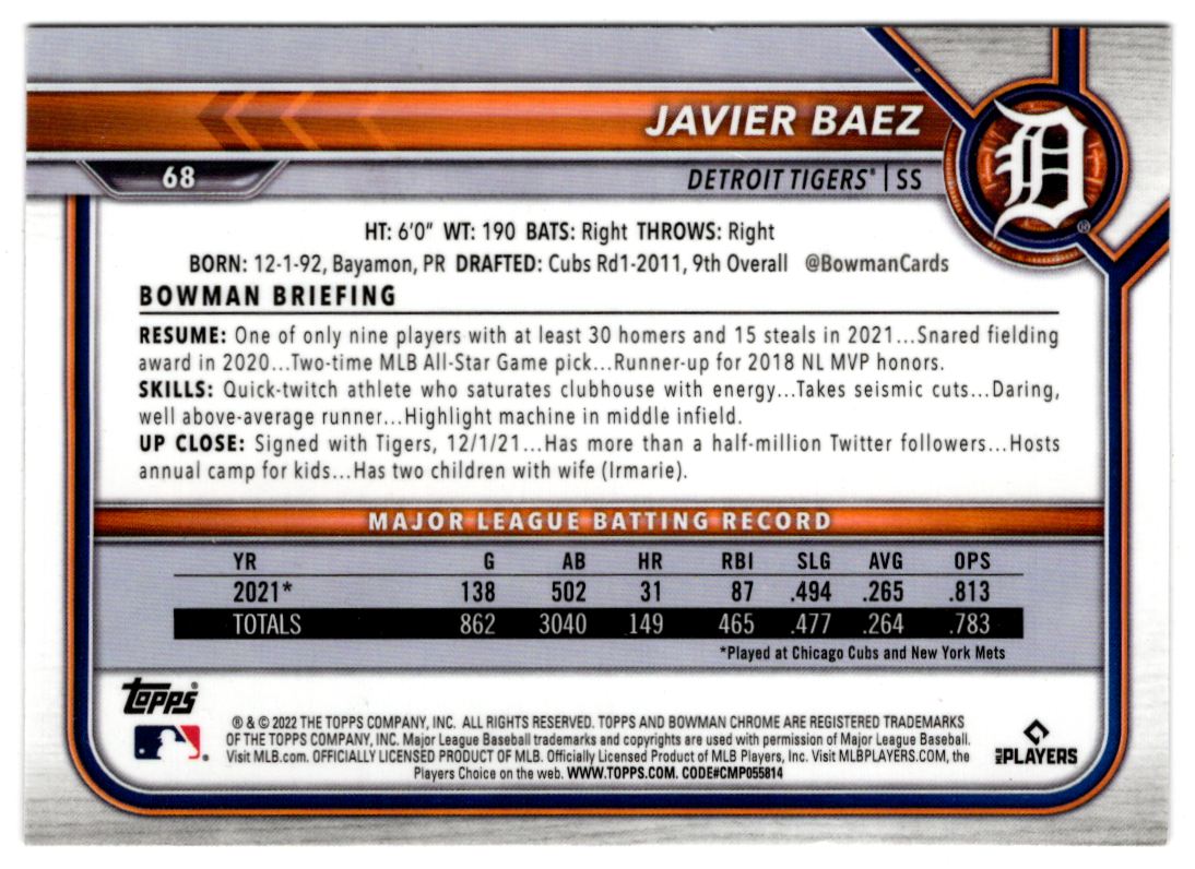 2022 Bowman Chrome Javier Baez #68 card back image
