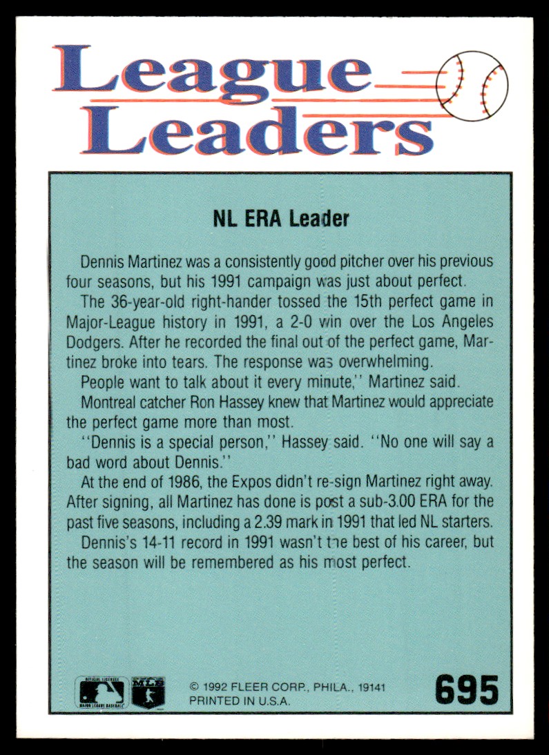 1992 Fleer Dennis Martinez #695 card back image