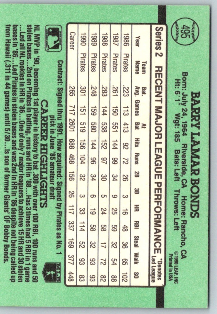 1990 Donruss Barry Bonds #126 card back image