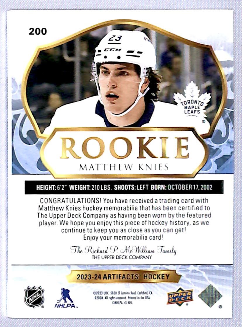 2023-24 UD Artifacts Gold Matthew Knies #200 card back image