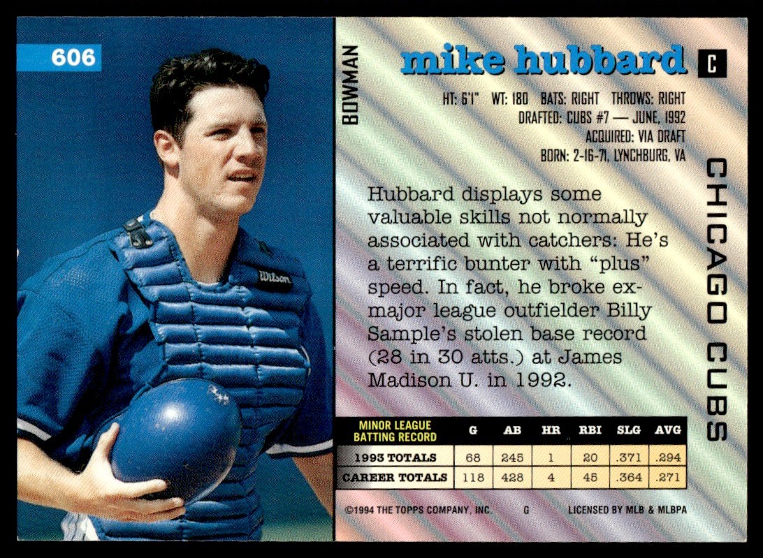 1994 Bowman Mike Hubbard #606 card back image