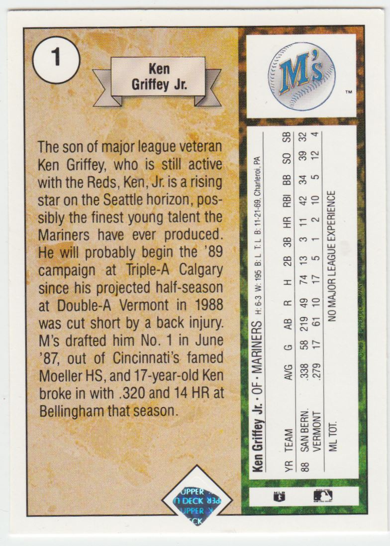 1989 Upper Deck Ken Griifey Jr #1 card back image