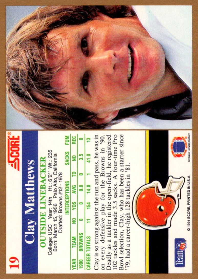 1991 Score Clay Matthews #19 card back image