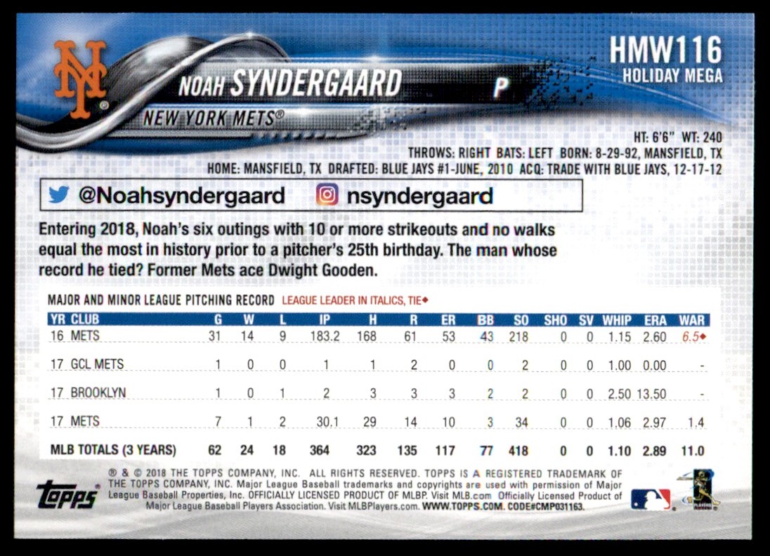 2018 Topps Holiday Noah Syndergaard #HMW116 card back image