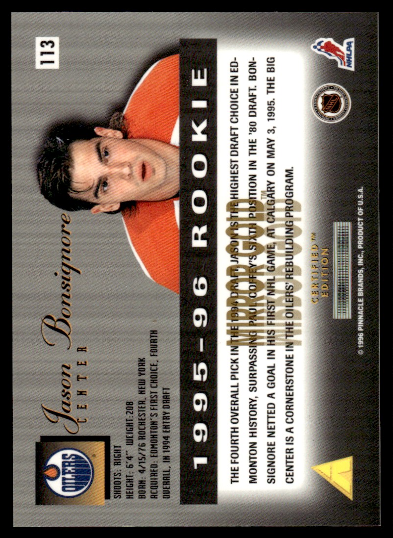 1995-96 Select Certified Mirror Gold Jason Bonsignore RC #113