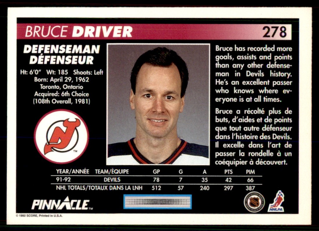 1992-93 Pinnacle French Bruce Driver #278 card back image