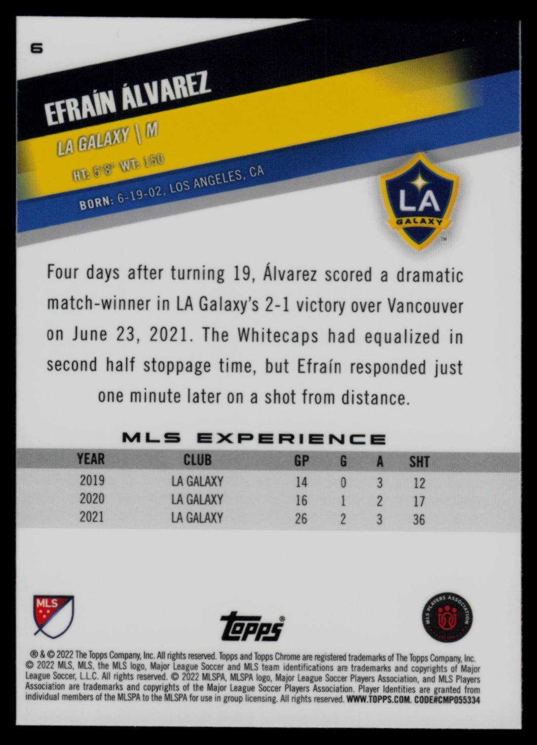 2022 Topps Chrome MLS Efraín Álvarez #6 card back image