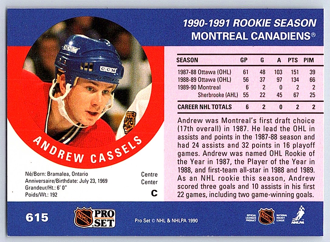 1991-92 Pro Set Andrew Cassels #395 card back image