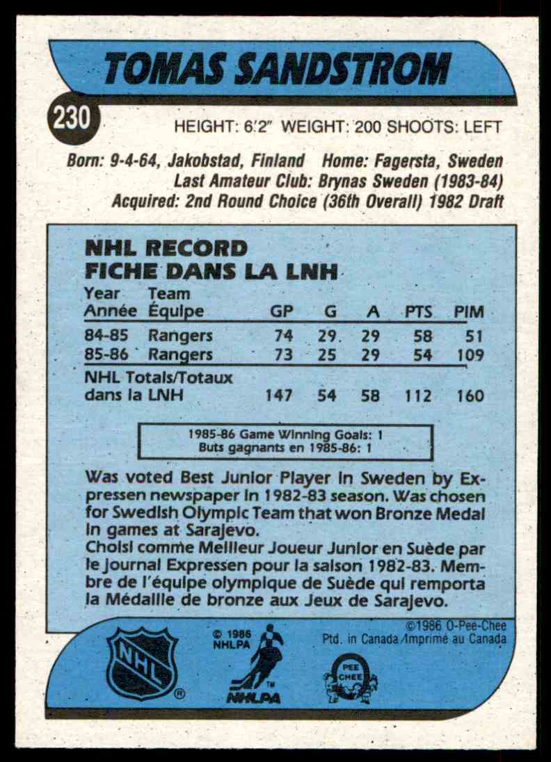 Hockey 198687 Tomas Sandstrom O-Pee-Chee #230 dexis-iberica Hockey Toys &  Games