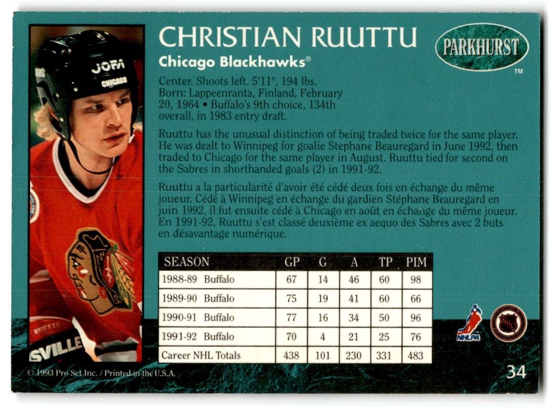 1992-93 Parkhurst Christian Ruuttu #34 card back image