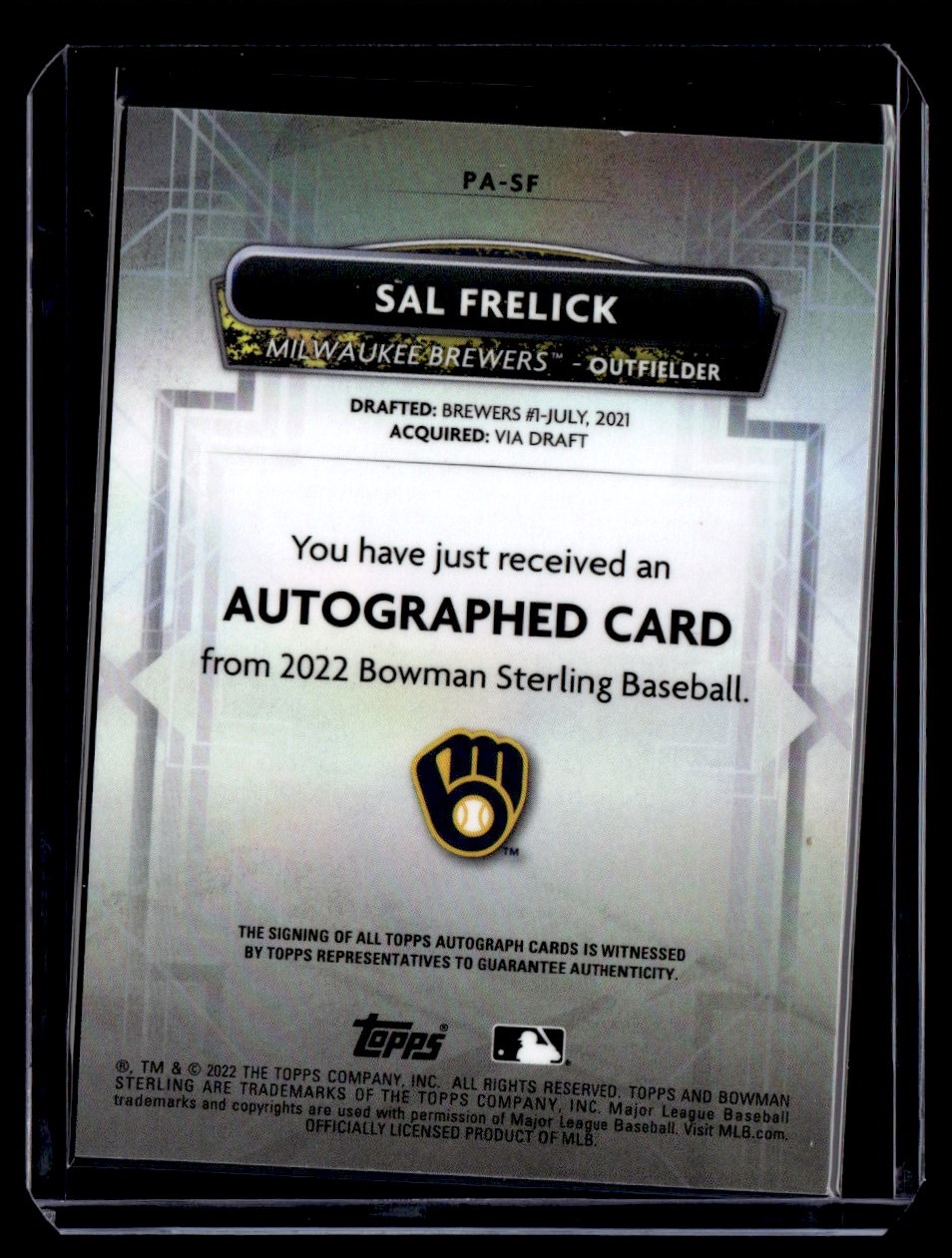 2022 Bowman Sterling Prospect Autographs Sal Frelick #PA-SF card back image