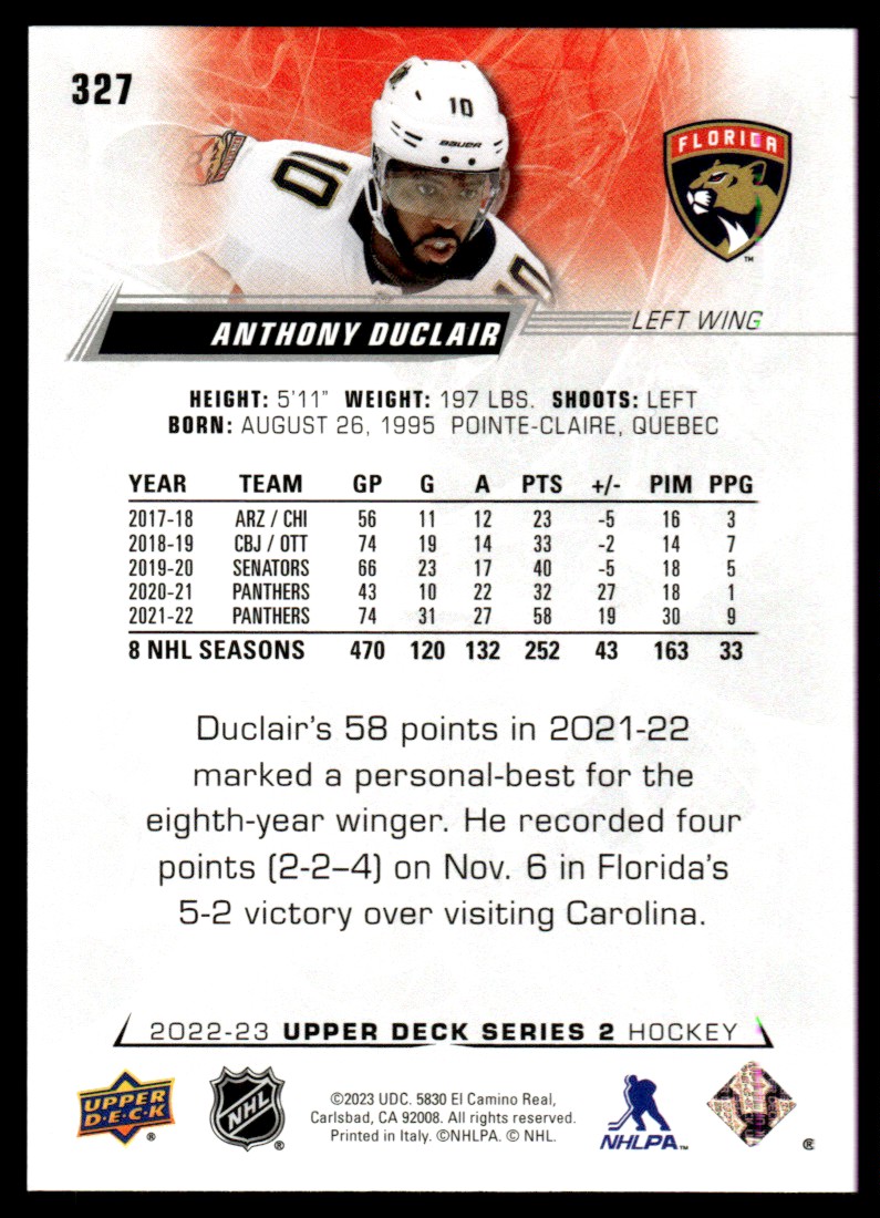 2022-23 Upper Deck Anthony Duclair #327 card back image