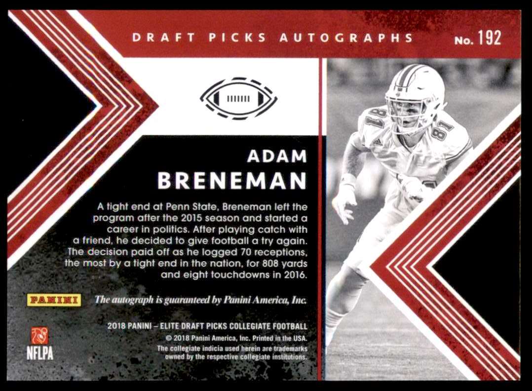 2018 Elite Draft Picks Draft Picks Autographs Adam Breneman #192 card back image