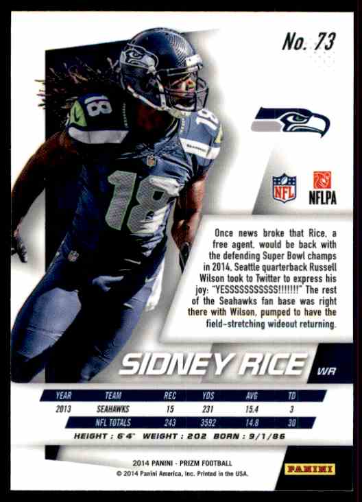 2014 Panini Prizm Base Sidney Rice #73 on Kronozio