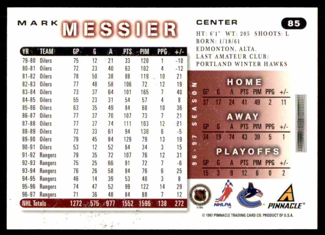 1997-98 Score Mark Messier #85 on Kronozio