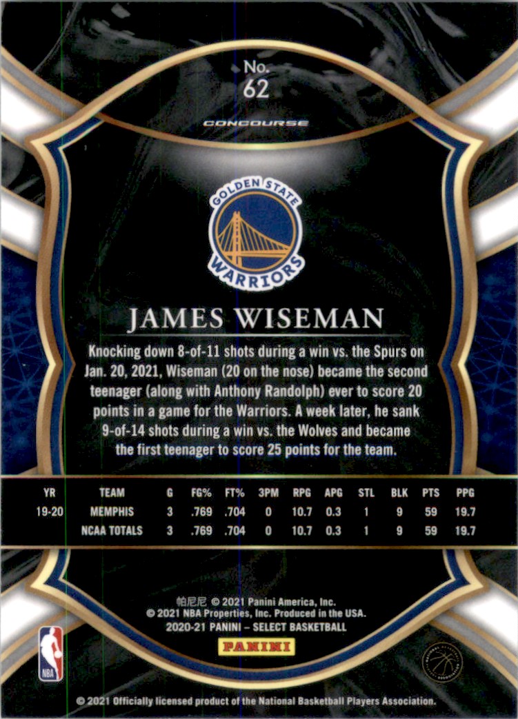 2020-21 Select James Wiseman RC #62 card back image