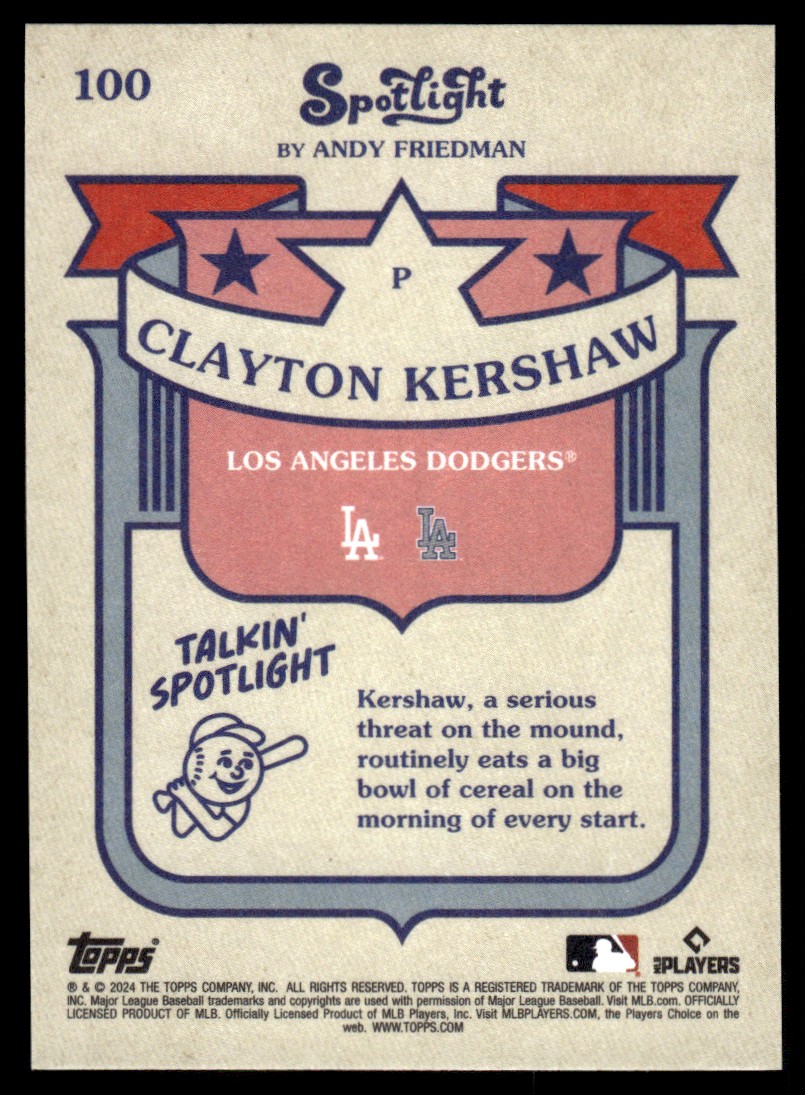 2024 Topps Spotlight Andy Friedman A37 Clayton Kershaw #100 card back image