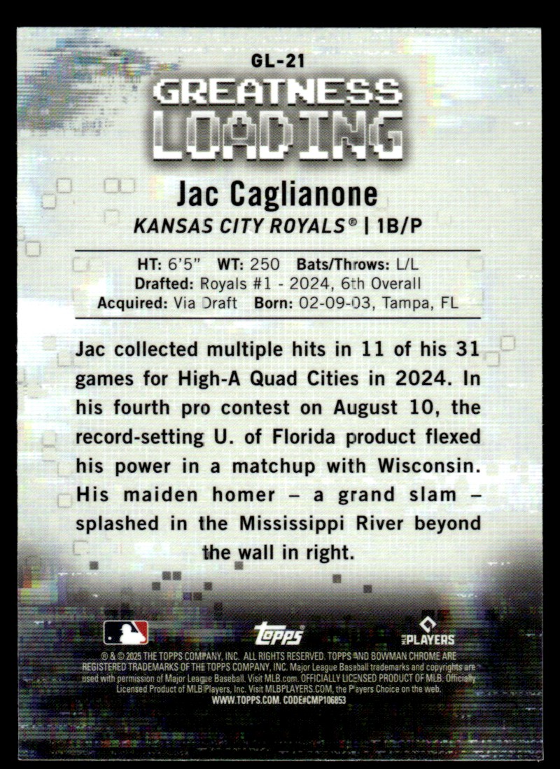 2025 Bowman Greatness Loading Jac Caglianone #GL-21 card back image