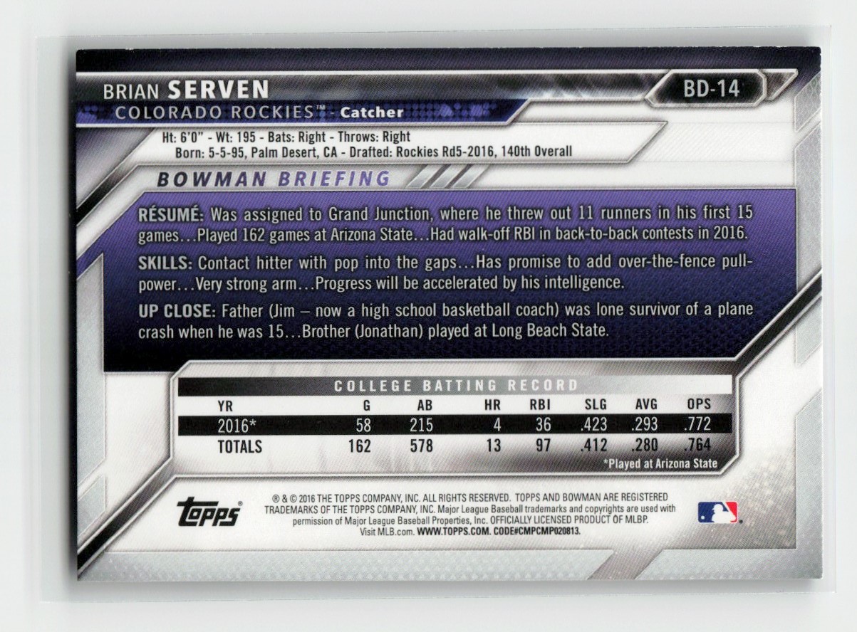 2016 Bowman Draft Picks & Prospects Brian Serven #BD-14 card back image
