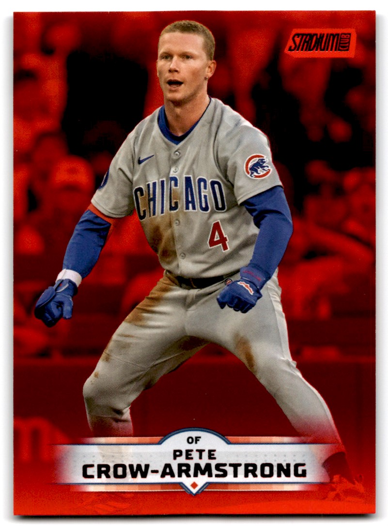 pete crow armstrong chewing tobacco New Cubs movie with Crow-Armstrong 2025 Topps Stadium Club Red