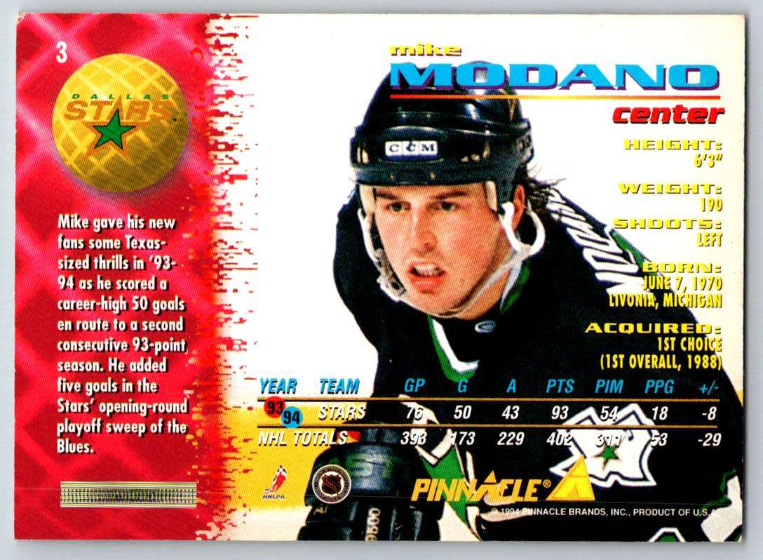 1994-95 Pinnacle Mike Modano #3 card back image