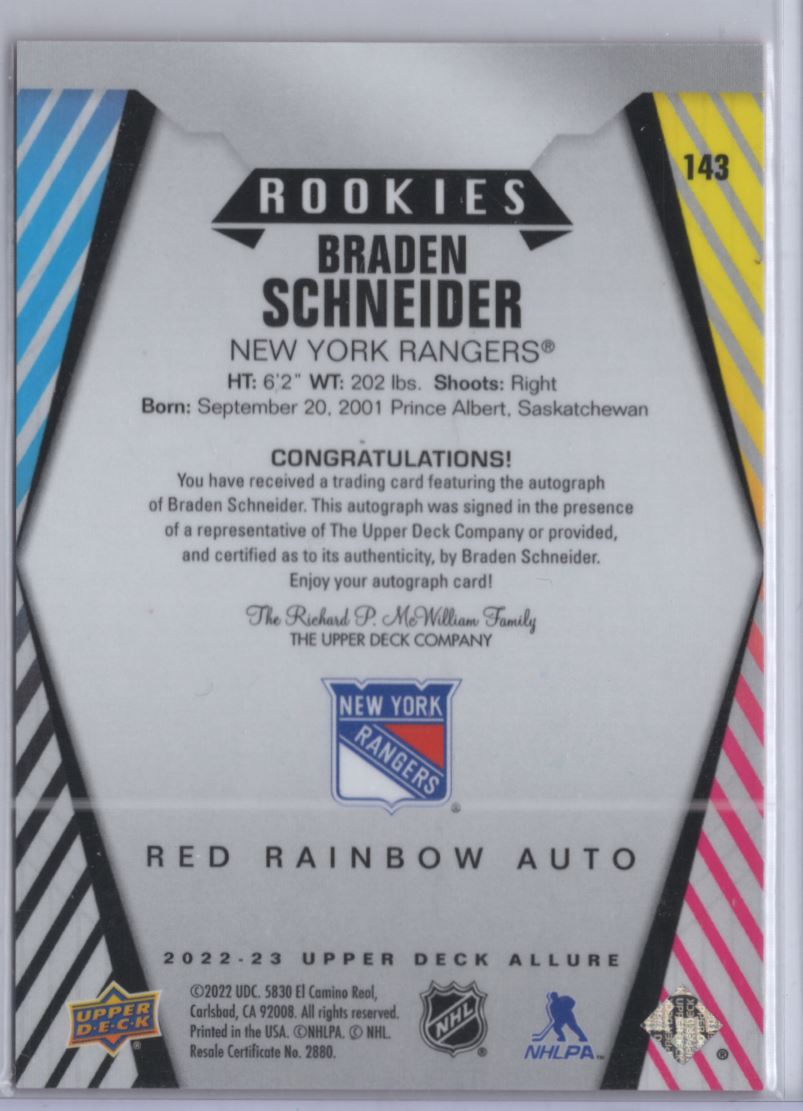 2022-23 Upper Deck Allure Red Rainbow Auto Rookies Braden Schneider #143 card back image