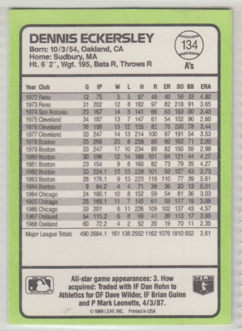 1989 Donruss Baseball's Best Dennis Eckersley #134 card back image