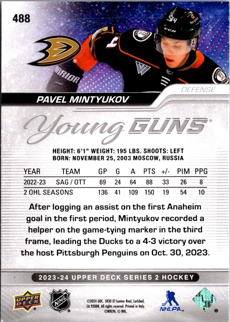 2023-24 Upper Deck Young Guns Pavel Mintyukov #488 card back image