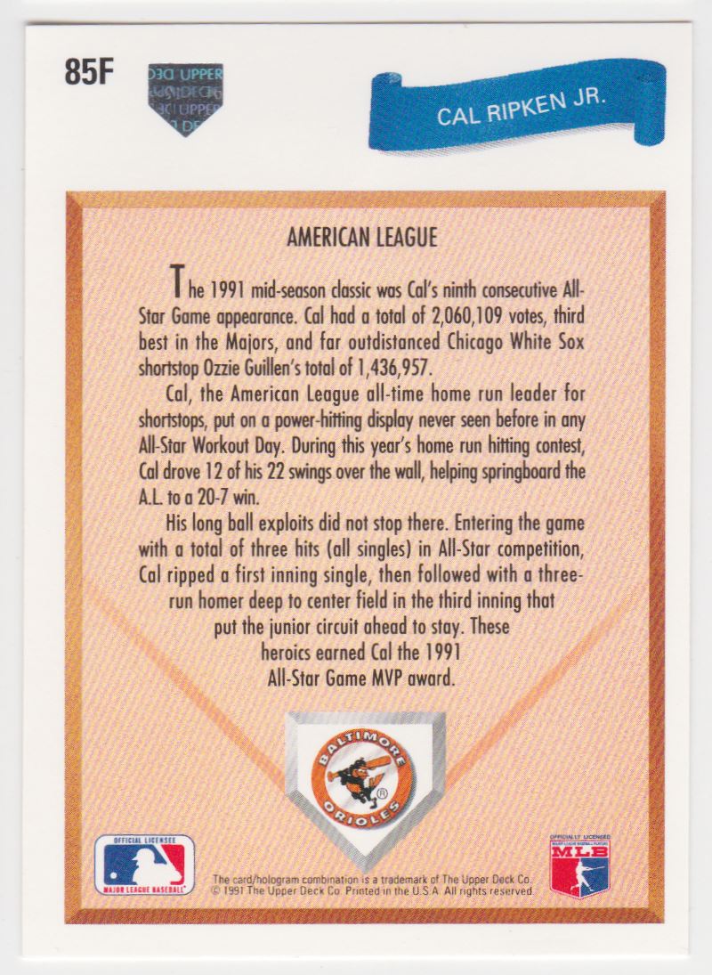 1991 Upper Deck Final Edition Cal Ripken Jr. #85F card back image