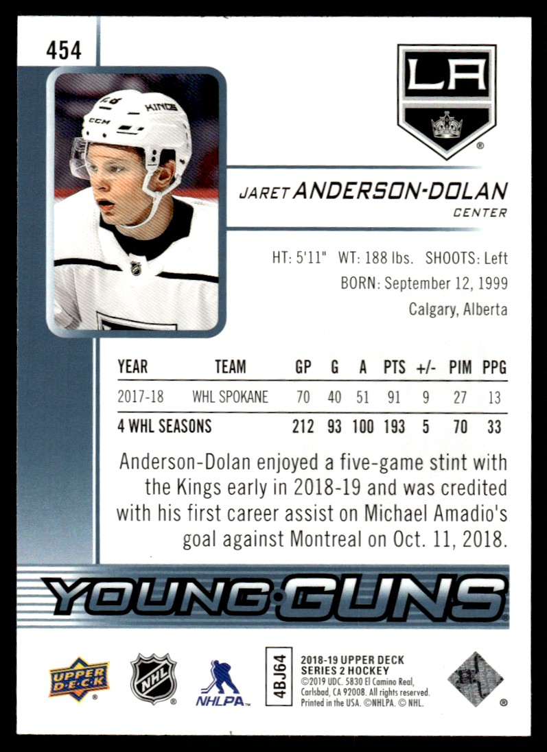 2018-19 Upper Deck Young Guns Jaret Anderson-Dolan #454 card back image