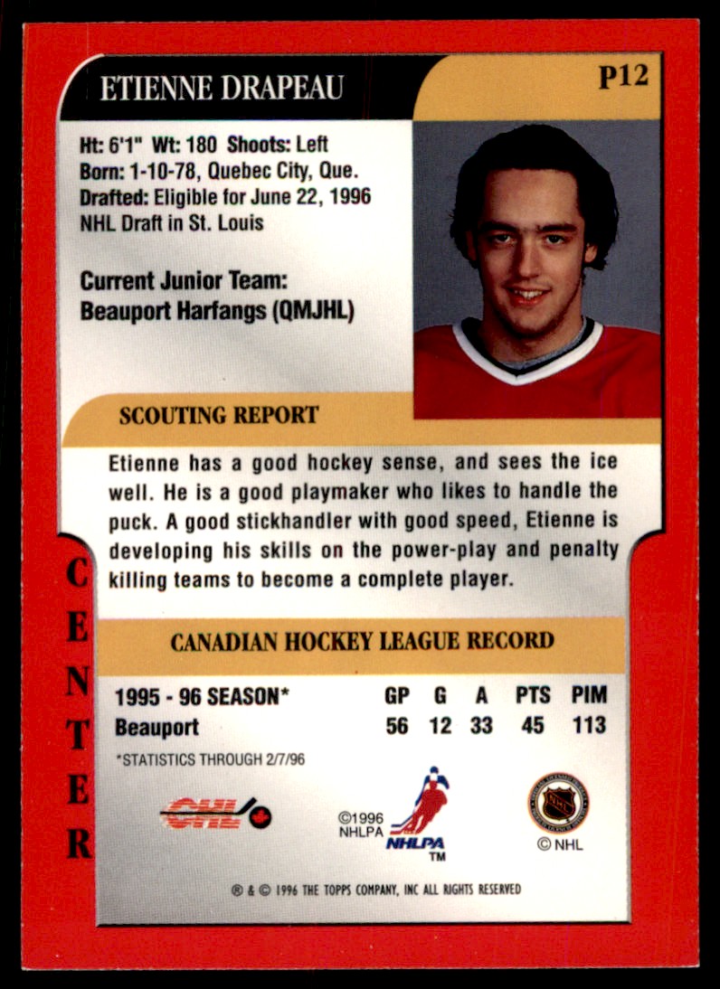 1995-96 Bowman Draft Prospects * Etienne Drapeau #P12 card back image