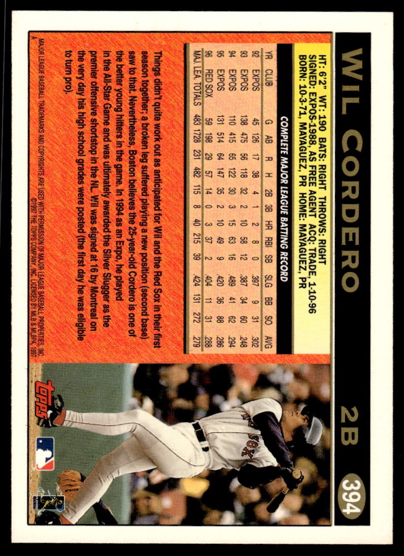 1997 Topps Baseball Card Wil Cordero #394 card back image