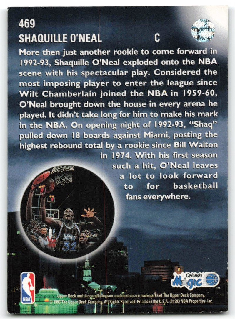 1993-94 Upper Deck Shaquille O'Neal #469 card back image
