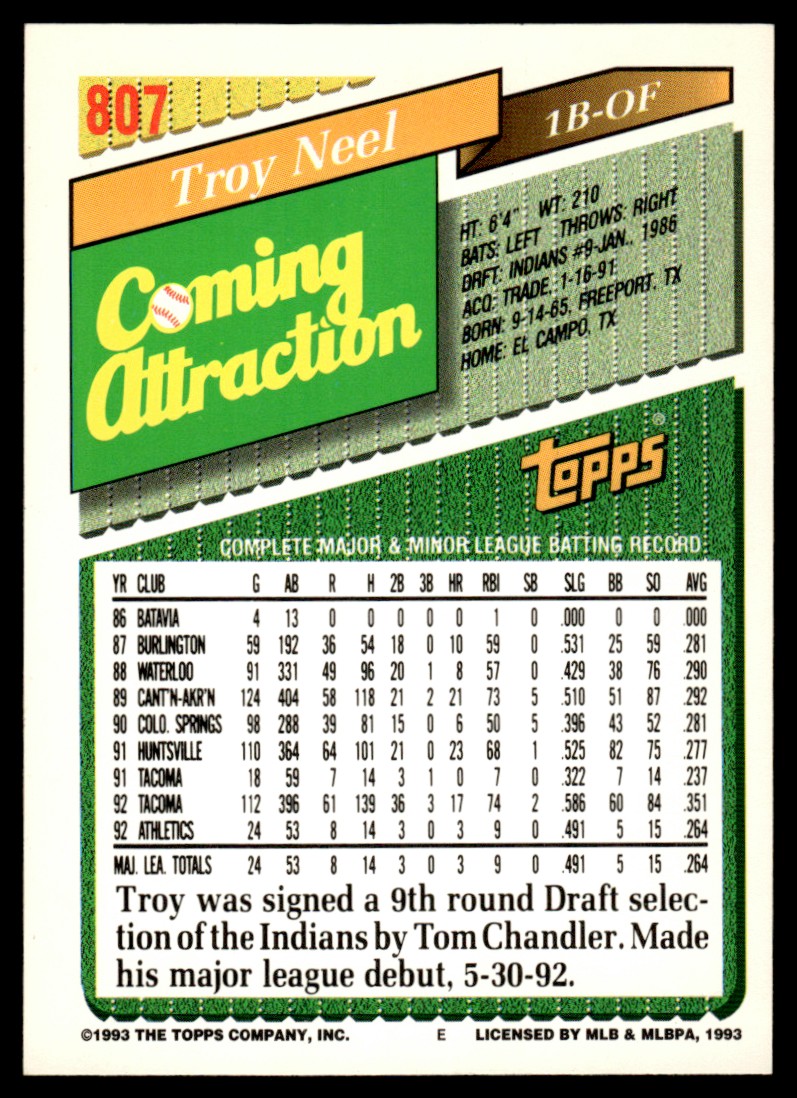 1993 Topps Coming Attraction Gold Troy Neel #807 card back image