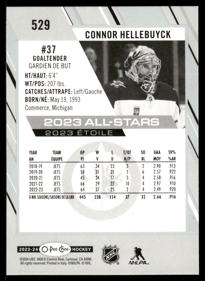 2023-24 O-Pee-Chee Connor Hellebuyck #529 card back image